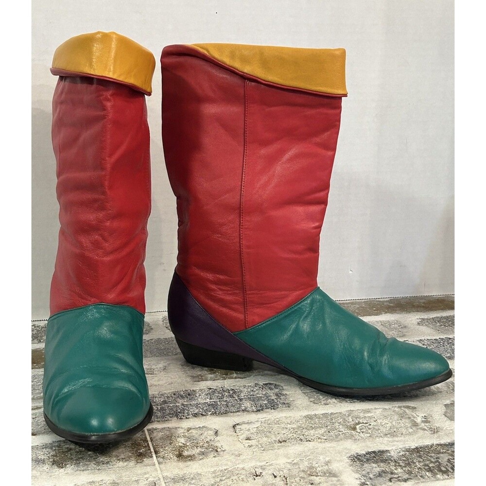 Vintage 80’s Joyce California Multi-colored Low Heel Leather Slouch Boots 8.5M